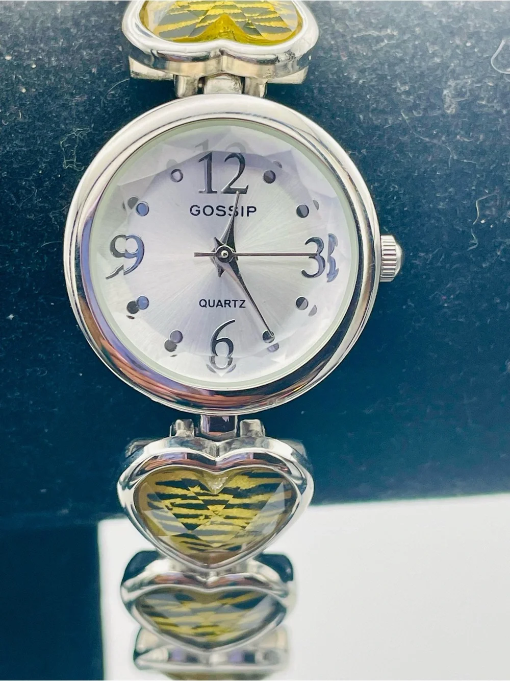 Gossip Silver Bracelet Watch with Yellow Tiger Heart Links. Silver Tone Dial